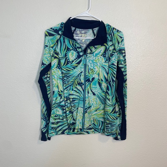 Lilly Pulitzer Luxletic Zip Up Jacket Birds Tropical Print Navy Blue XS - Picture 1 of 9